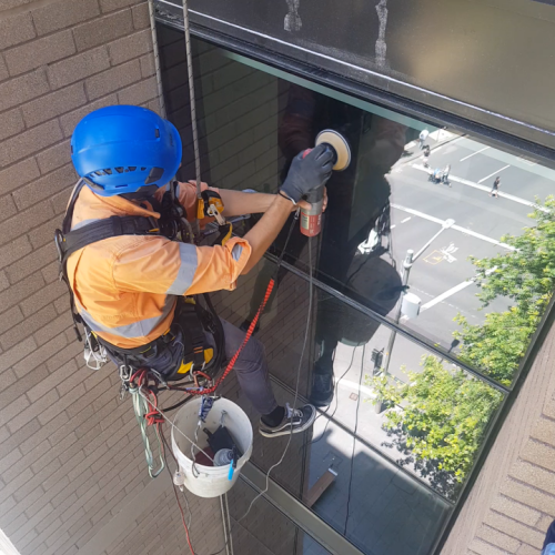 window cleaner has his helmet polished